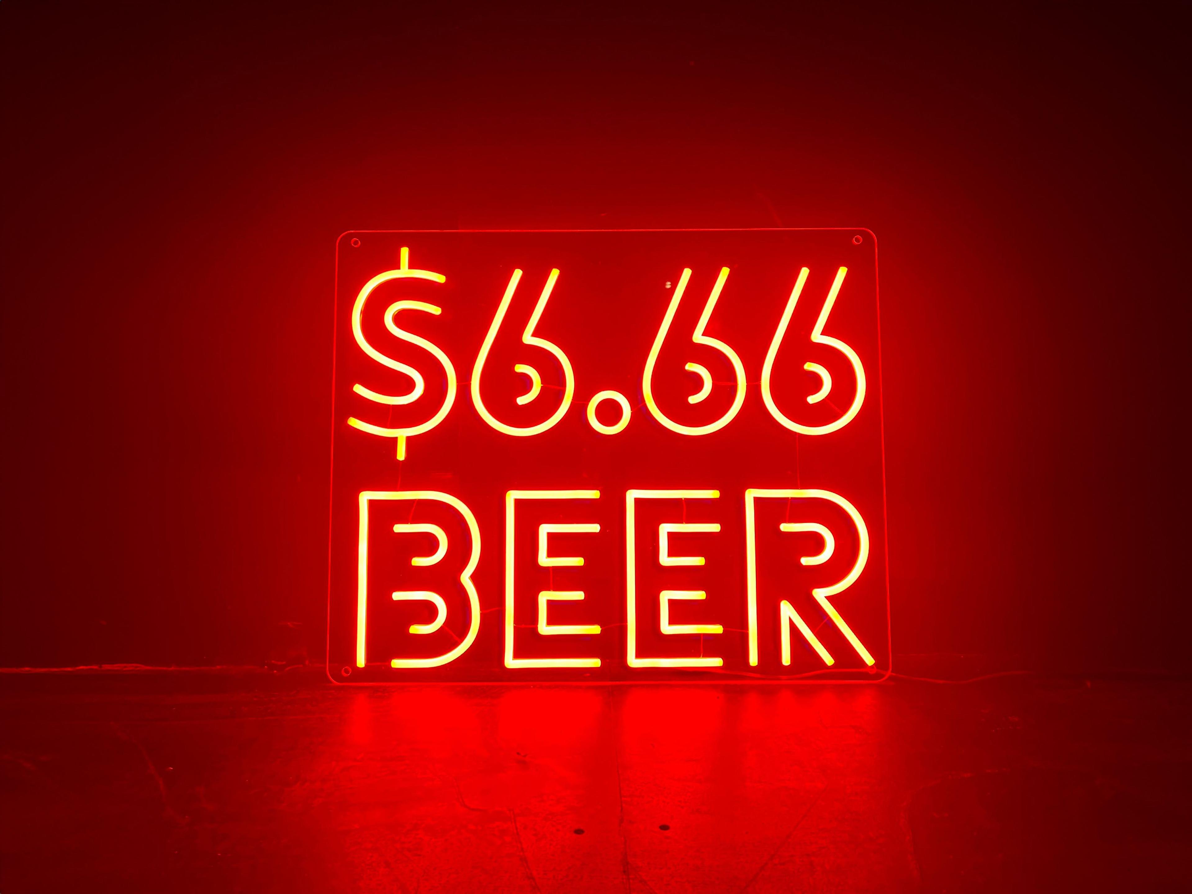 A neon flex sign in red that reads $6.66 beer.